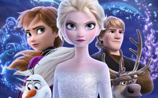 5K Ultra HD PC wallpaper of movie characters from Frozen 2: Elsa centered with Anna, Kristoff, Olaf and Sven before a swirling icy magic backdrop.