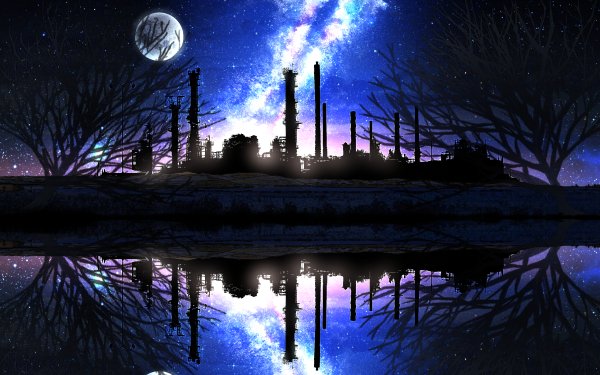 Anime Night Starry Sky Moon Reflection Lake Factory HD Wallpaper | Background Image