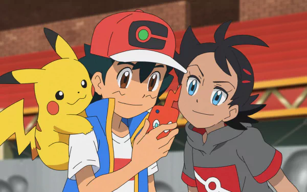 Anime-style HD wallpaper featuring Ash Ketchum with black and two-toned hair, wearing a cap, and Goh with black hair, alongside Pikachu, both with blue and brown eyes in a Pokémon scene.