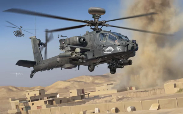 8K Ultra HD image of a Boeing AH-64 Apache attack helicopter flying over a desert military zone with another helicopter in the background.