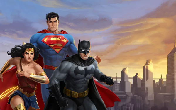 4K Ultra HD PC wallpaper: Wonder Woman, Superman and Batman from DC Comics stand over a city skyline in DC Universe Online video game art.