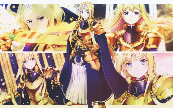 HD desktop wallpaper featuring Alice Zuberg from Sword Art Online: Alicization. The anime character is shown in various action poses with her sword, set against a vibrant background.