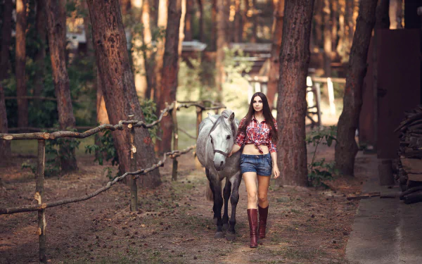 long hair brunette boots horse shorts woman model HD Desktop Wallpaper | Background Image