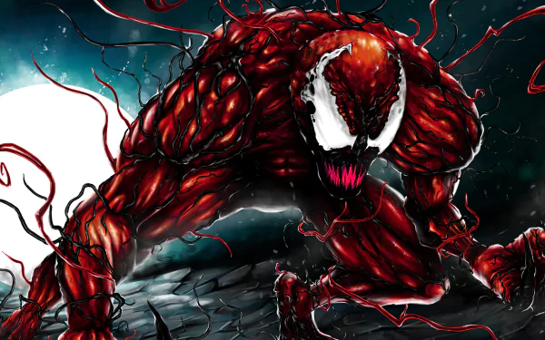 4K Ultra HD PC desktop wallpaper featuring Carnage from Marvel Comics in a dynamic, menacing pose with dark, chaotic background and vivid comic-style details.