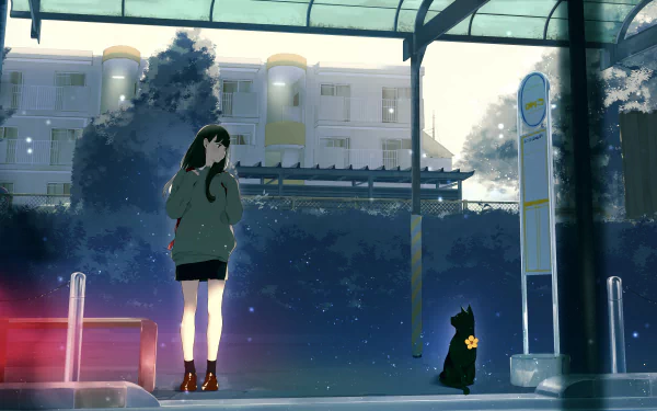 Anime-style 4K Ultra HD wallpaper featuring a girl standing at a bus stop with a black anime cat, set in a tranquil urban environment at dusk.