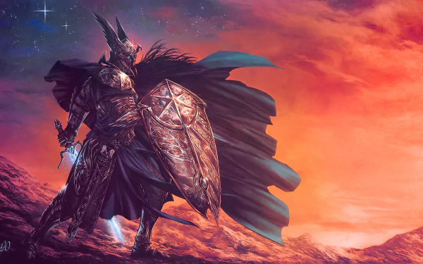 A fantasy warrior clad in dark armor and a horned helmet stands on rocky terrain with a large shield, set against a vibrant orange and purple sunset sky, 4K Ultra HD.