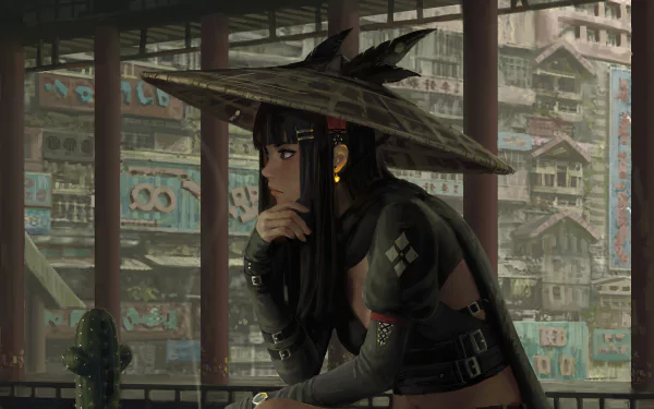 A fantasy-themed 4K Ultra HD wallpaper of an Asian woman with black hair wearing a traditional conical hat, set against a detailed urban background.