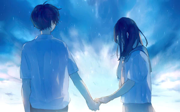 Anime couple holding hands beneath a luminous blue sky, soft painterly scene — HD PC desktop wallpaper background.