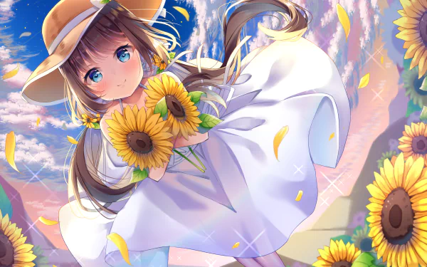 Anime girl in a white dress and sunhat holding sunflowers, surrounded by bright sunflowers under a vibrant blue sky, rendered in 4K Ultra HD for a PC desktop wallpaper.