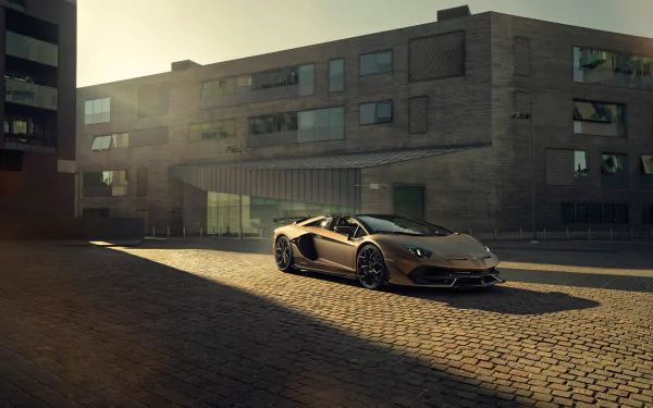 A brown Lamborghini Aventador SVJ supercar parked on a cobblestone street with modern buildings in the background, captured in 4K Ultra HD.