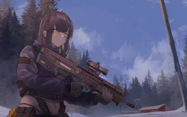 Anime-style original character holding a gun in a snowy forest setting, captured in 4K Ultra HD for a PC desktop wallpaper background.