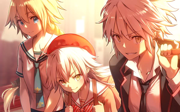 HD anime wallpaper featuring Fate/Grand Order characters Jeanne d'Arc Alter (Santa Lily), Lancer, Ruler, and Avenger in school uniforms with warm lighting.