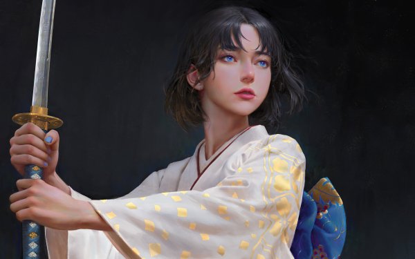 Fantasy Women Warrior Japanese Kimono Katana Blue Eyes HD Wallpaper | Background Image