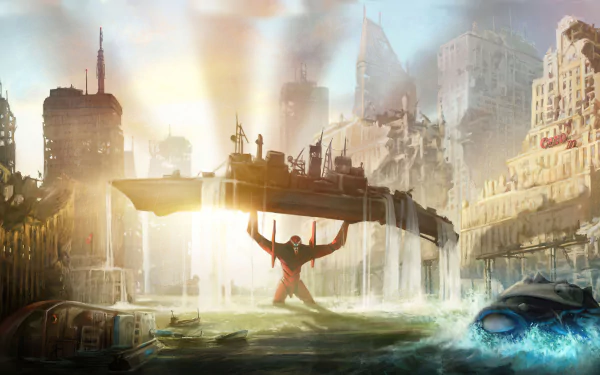 Evangelion Unit-02 stands in a flooded urban landscape with towering buildings at sunrise, captured in crisp detail in this 4K Ultra HD Neon Genesis Evangelion desktop wallpaper.