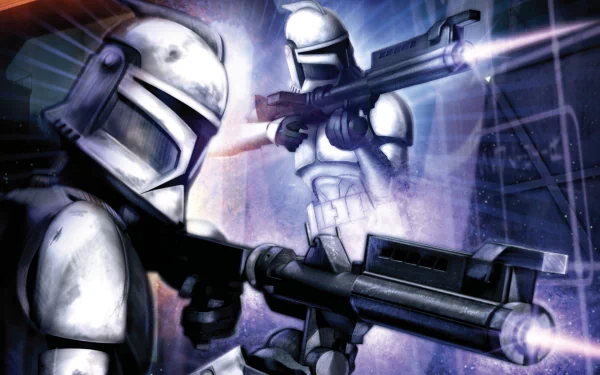 A dynamic HD desktop wallpaper featuring clone troopers from the Star Wars universe, set against a futuristic backdrop, capturing the essence of sci-fi action.