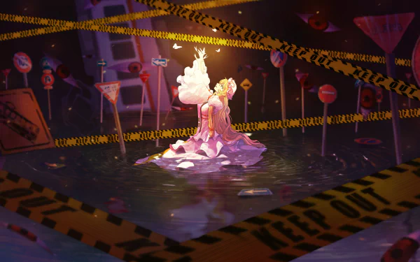 Yukari Yakumo from Touhou anime stands in a reflective water scene surrounded by caution tape and street signs, rendered in detailed 4K Ultra HD for a striking PC desktop wallpaper.