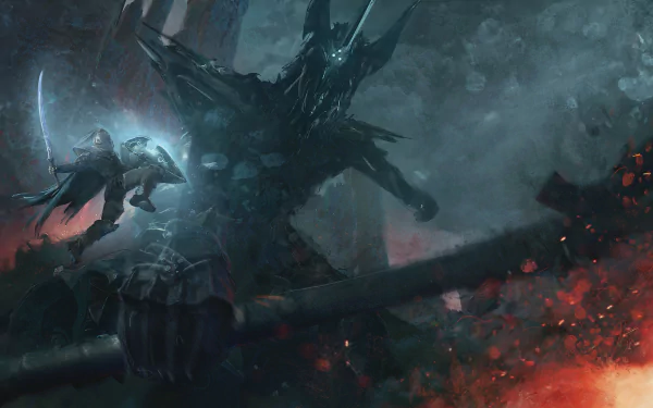 HD wallpaper depicting Morgoth battling Fingolfin, characters from The Lord of the Rings, in a dramatic fantasy setting.