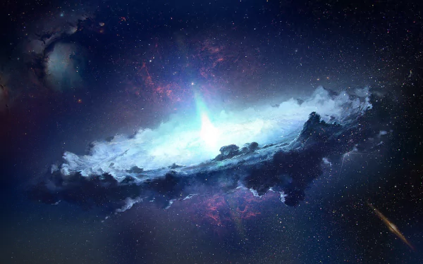 HD PC desktop wallpaper from the video game Endless Space 2 depicting a luminous galaxy surrounded by stars and cosmic dust in deep space.
