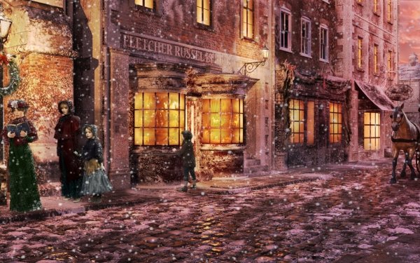 Artistic Painting Christmas Vintage Street Light Caroler HD Wallpaper | Background Image