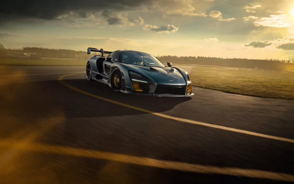A sleek McLaren Senna supercar speeds on a race track at sunset, captured in stunning 8K Ultra HD as a dynamic PC desktop wallpaper background.