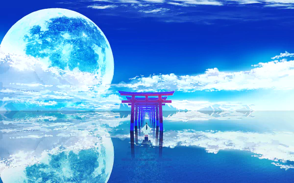 HD anime wallpaper depicting a torii gate leading to a shrine, set against a massive full moon and serene water reflections, under a vast blue sky with clouds.