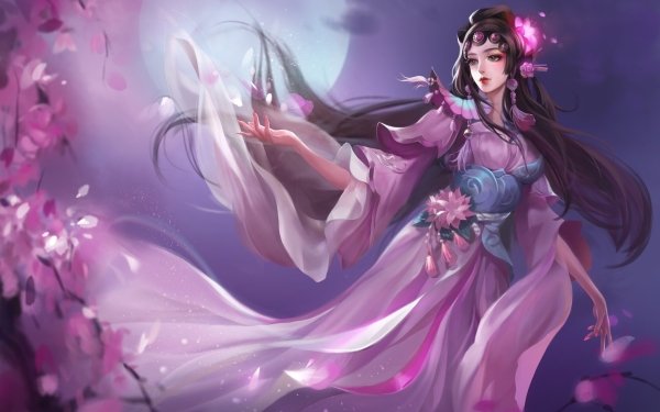 Fantasy Women Sakura Pink Full Moon HD Wallpaper | Background Image