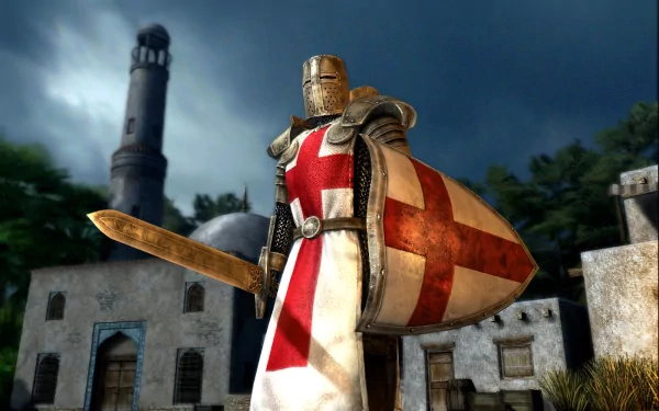 HD PC wallpaper of a Templar knight from Assassin's Creed: armored crusader with red cross on shield and tabard, sword raised, standing before a medieval coastal town and watchtower.