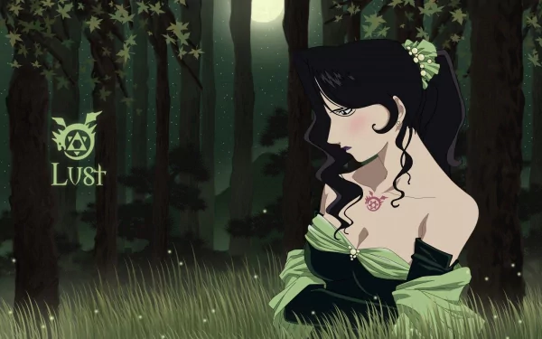 HD PC desktop wallpaper of Lust from Fullmetal Alchemist, depicted in an anime style with a dark forest background and glowing moonlight.