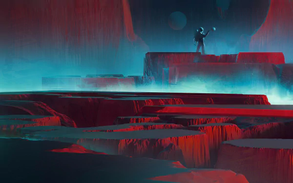 An HD sci-fi desktop wallpaper featuring an astronaut exploring a surreal, red and blue alien landscape.