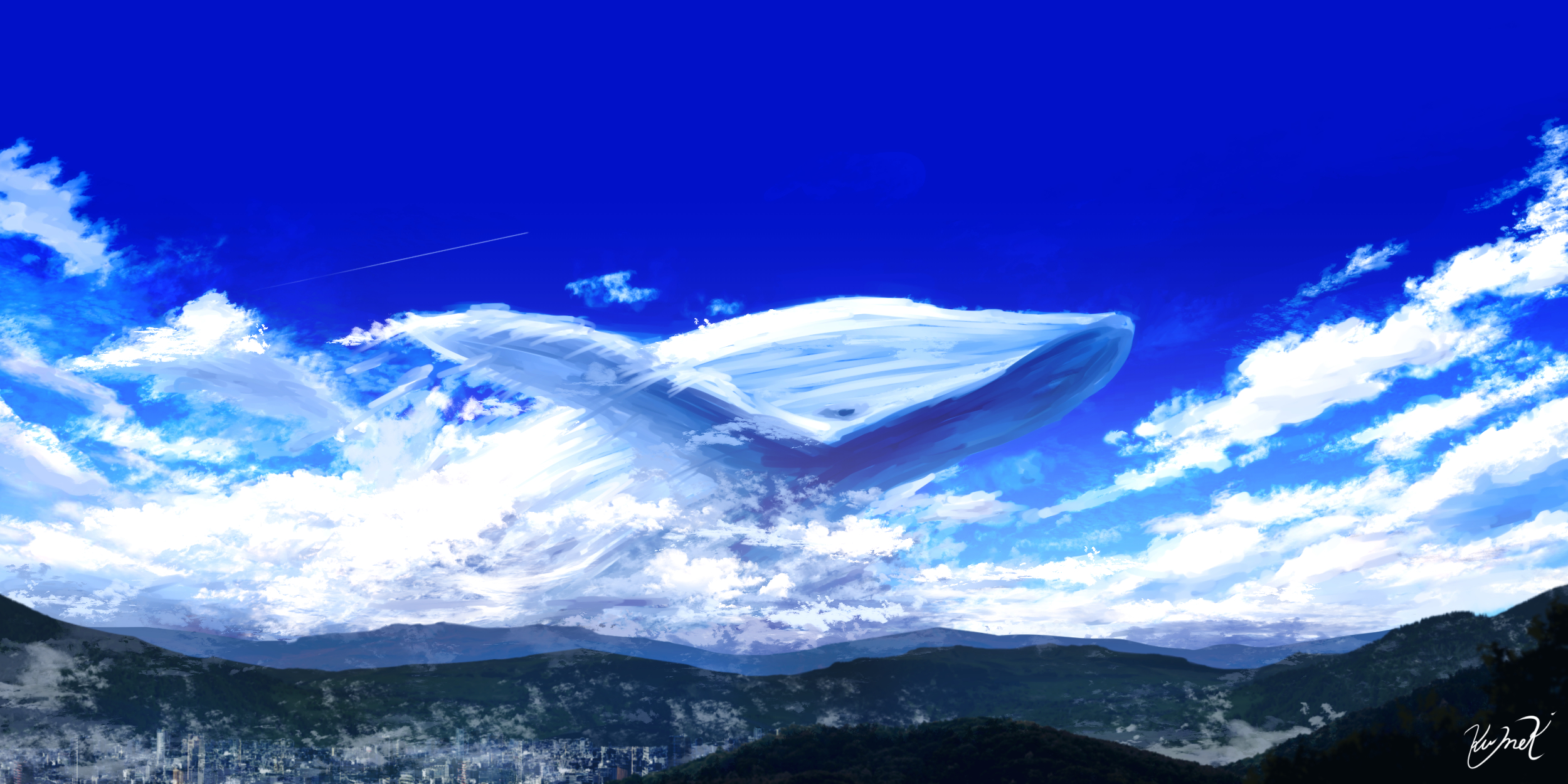 Whale swimming over the clouds by クメキ