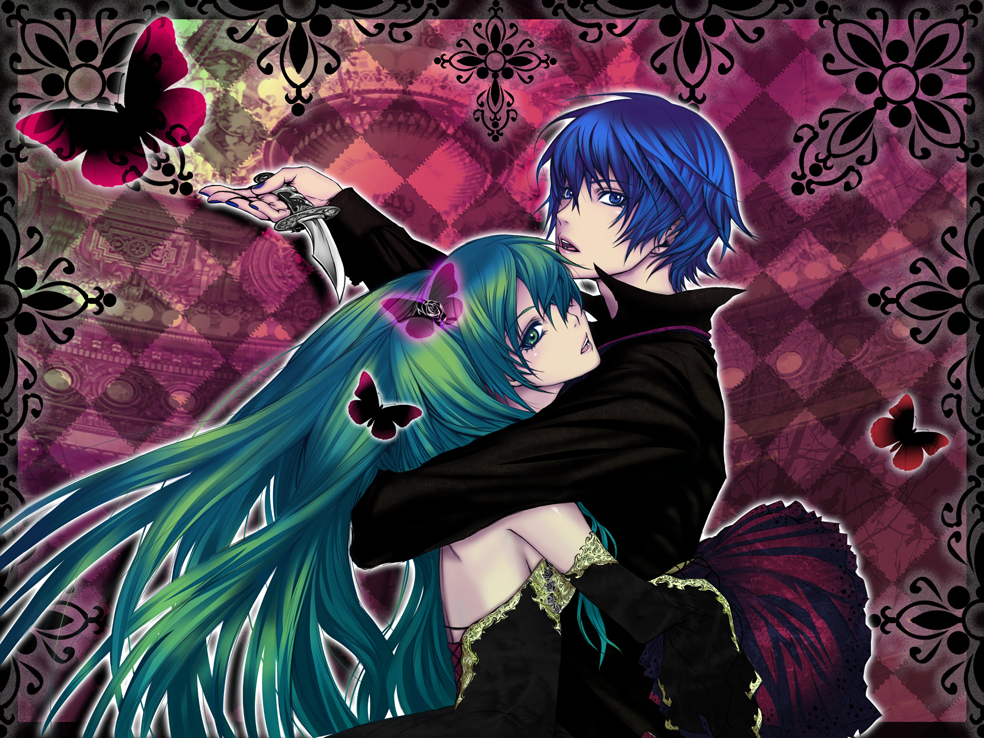 Hatsune Miku and Kaito from Vocaloid, posing with a butterfly and knife against a blue background.