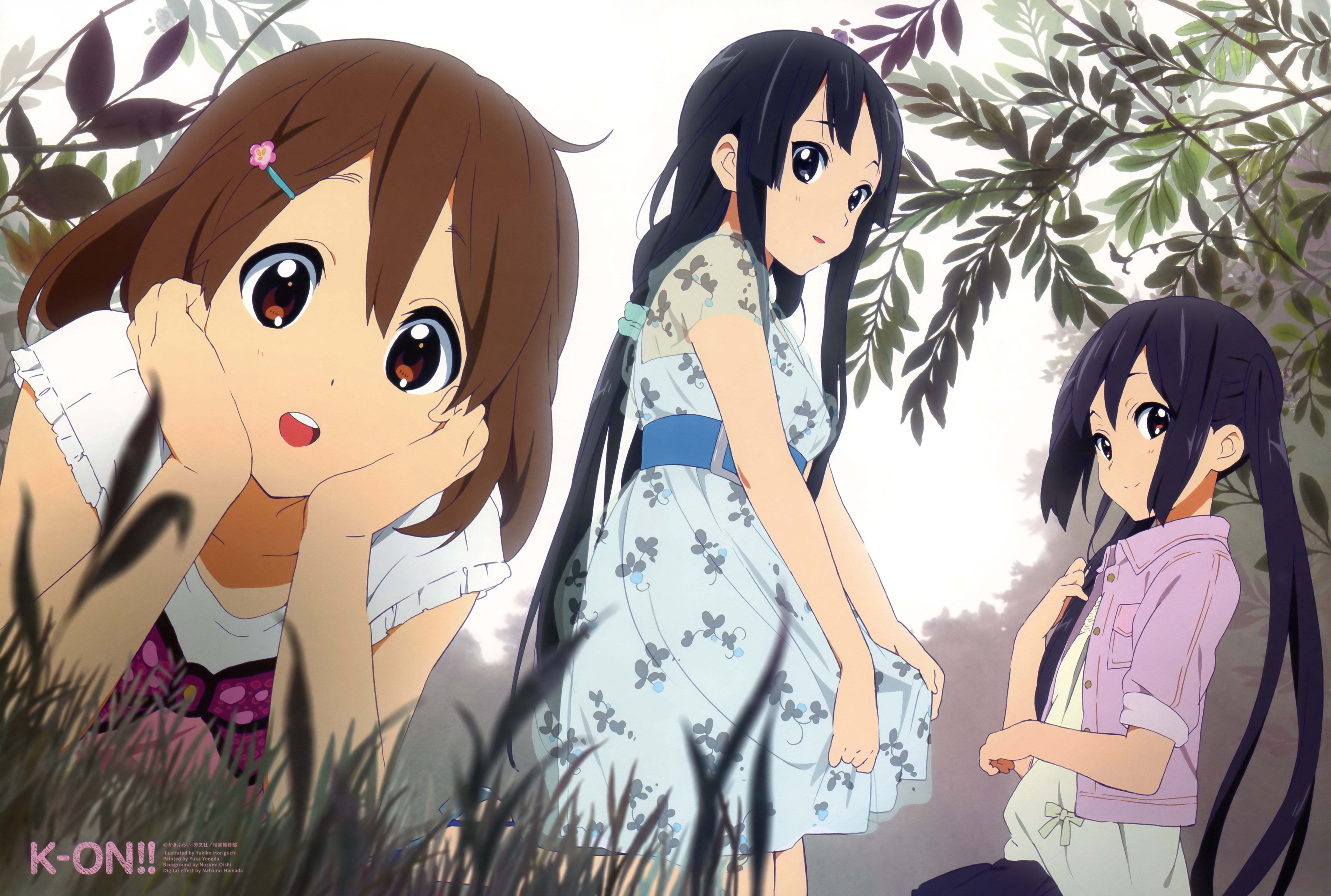 Anime characters Yui, Mio, and Azusa from K-On! in 4k Ultra HD desktop wallpaper.