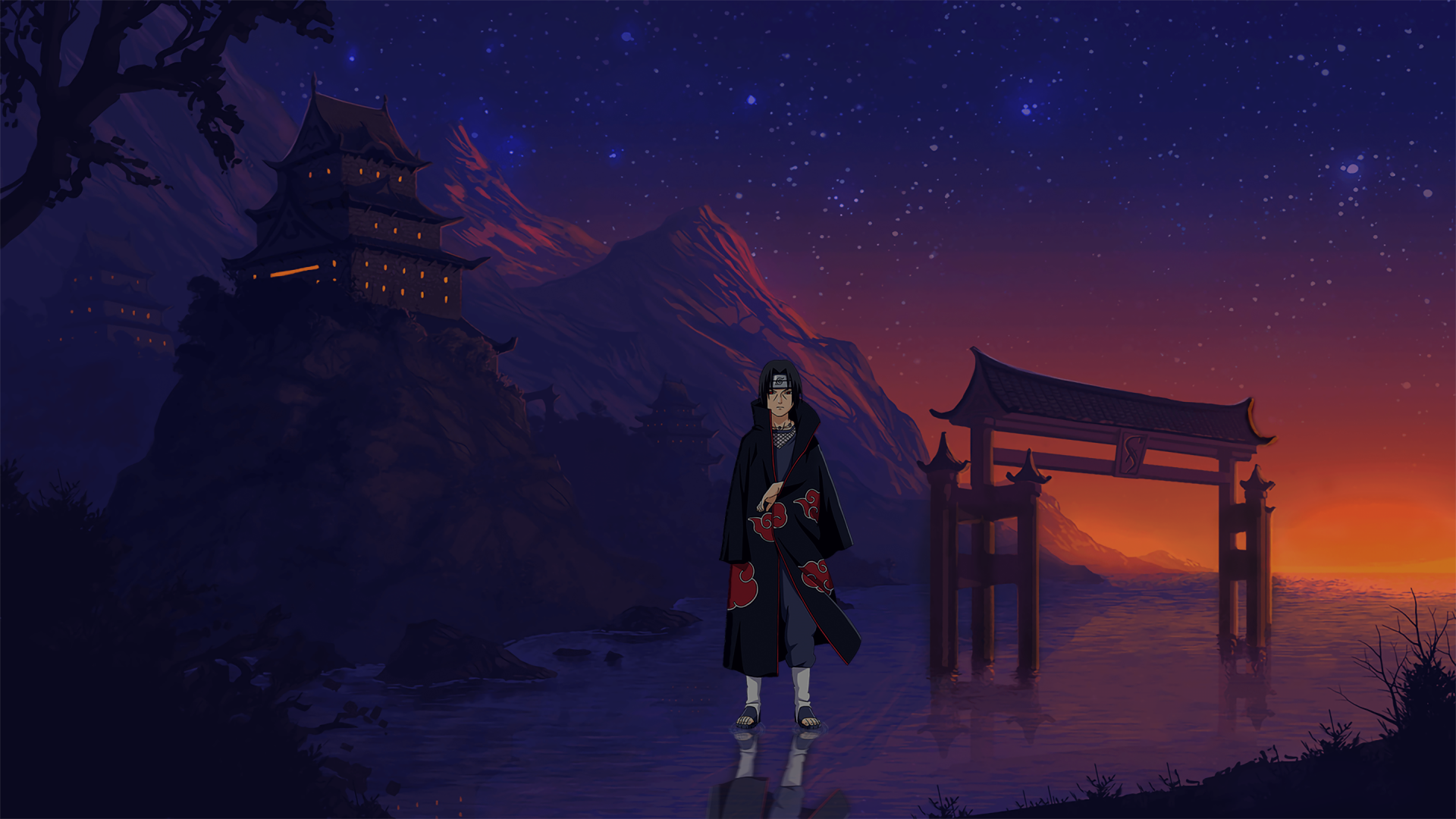 HD anime wallpaper featuring Itachi Uchiha from Naruto, standing by a torii gate and temple under a starry night sky, highlighting the Mangekyō Sharingan and Uchiha Clan themes.