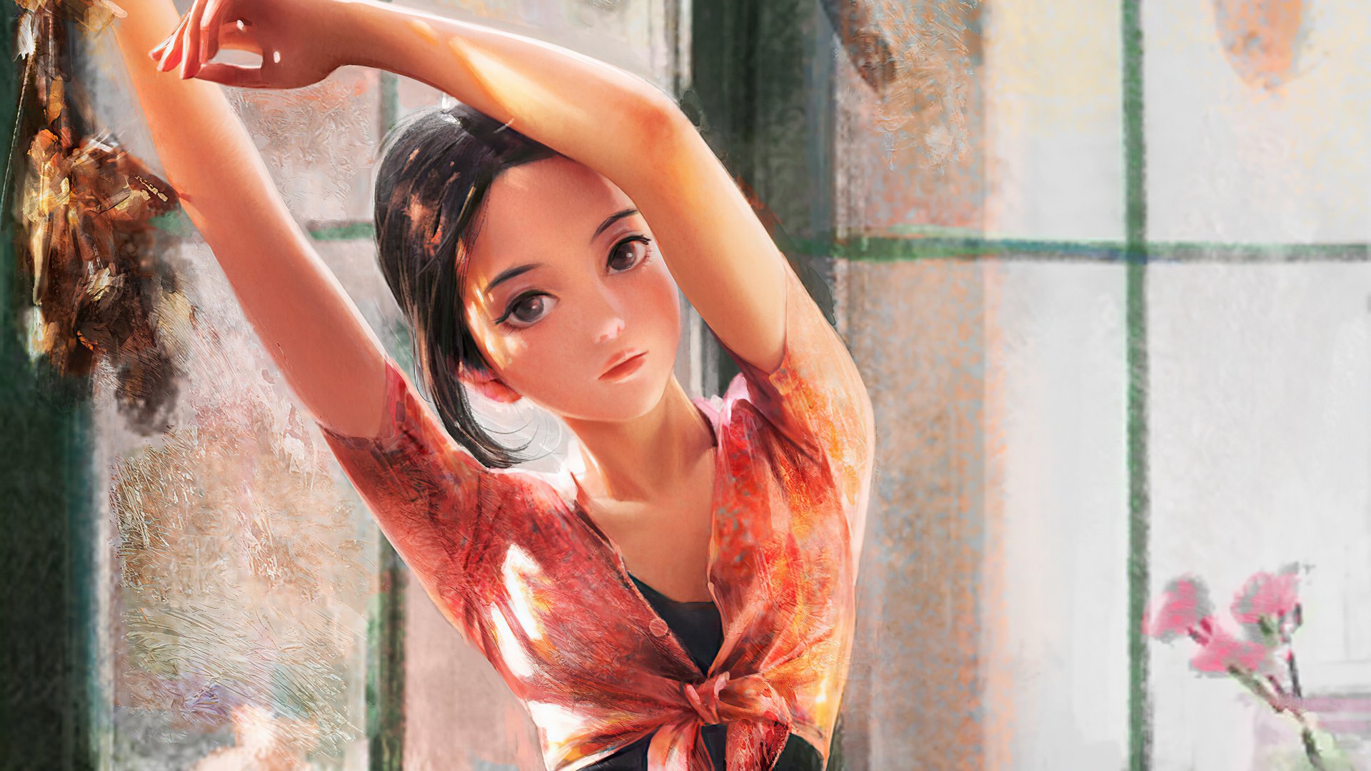 Artistic 4K Ultra HD desktop wallpaper of a black-haired woman in a sunlit room, wearing a tied floral blouse and posing by a window.