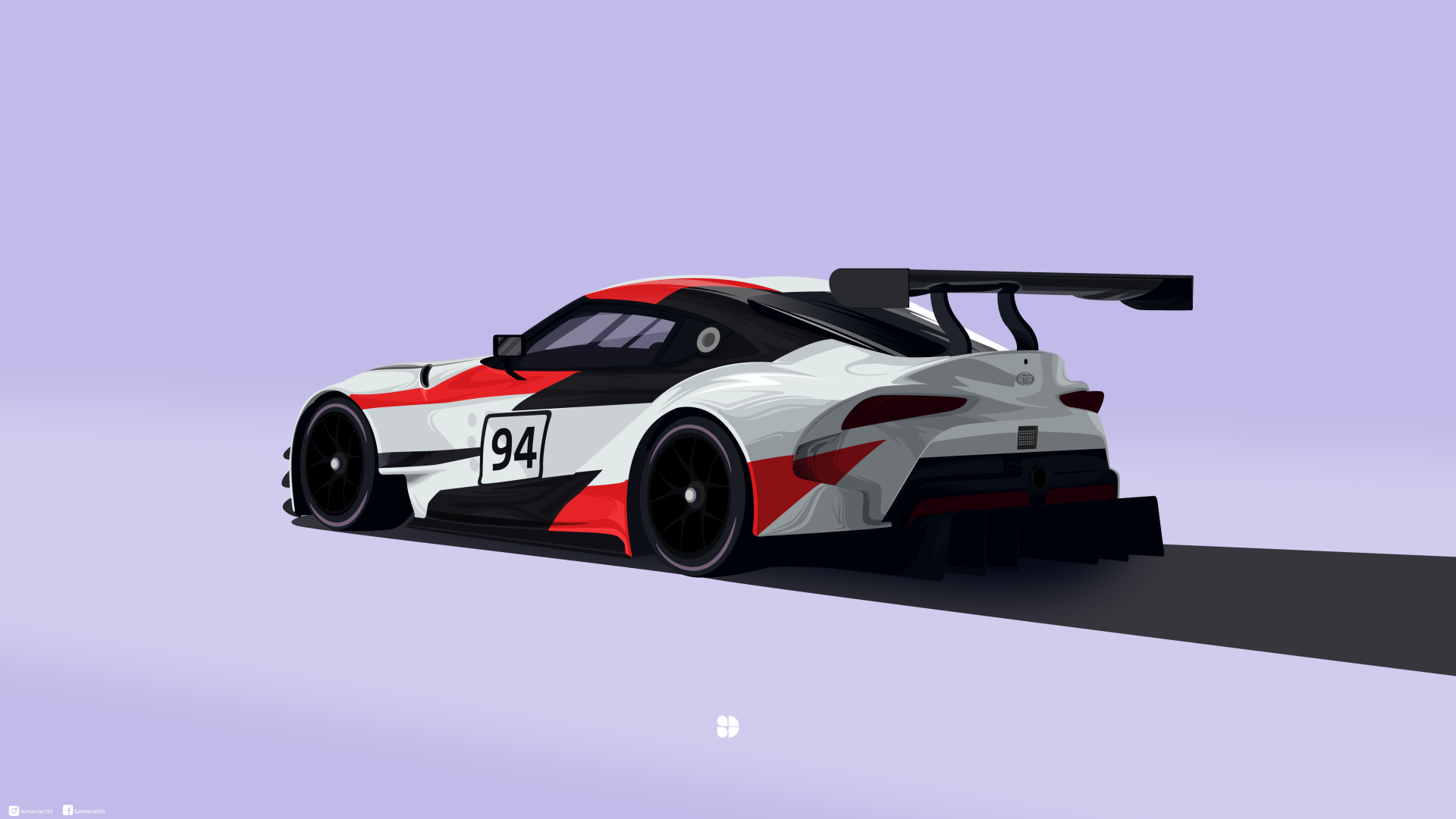 4K Ultra HD PC desktop wallpaper featuring a sleek Toyota Supra race car with bold red and black accents against a minimalist purple background.