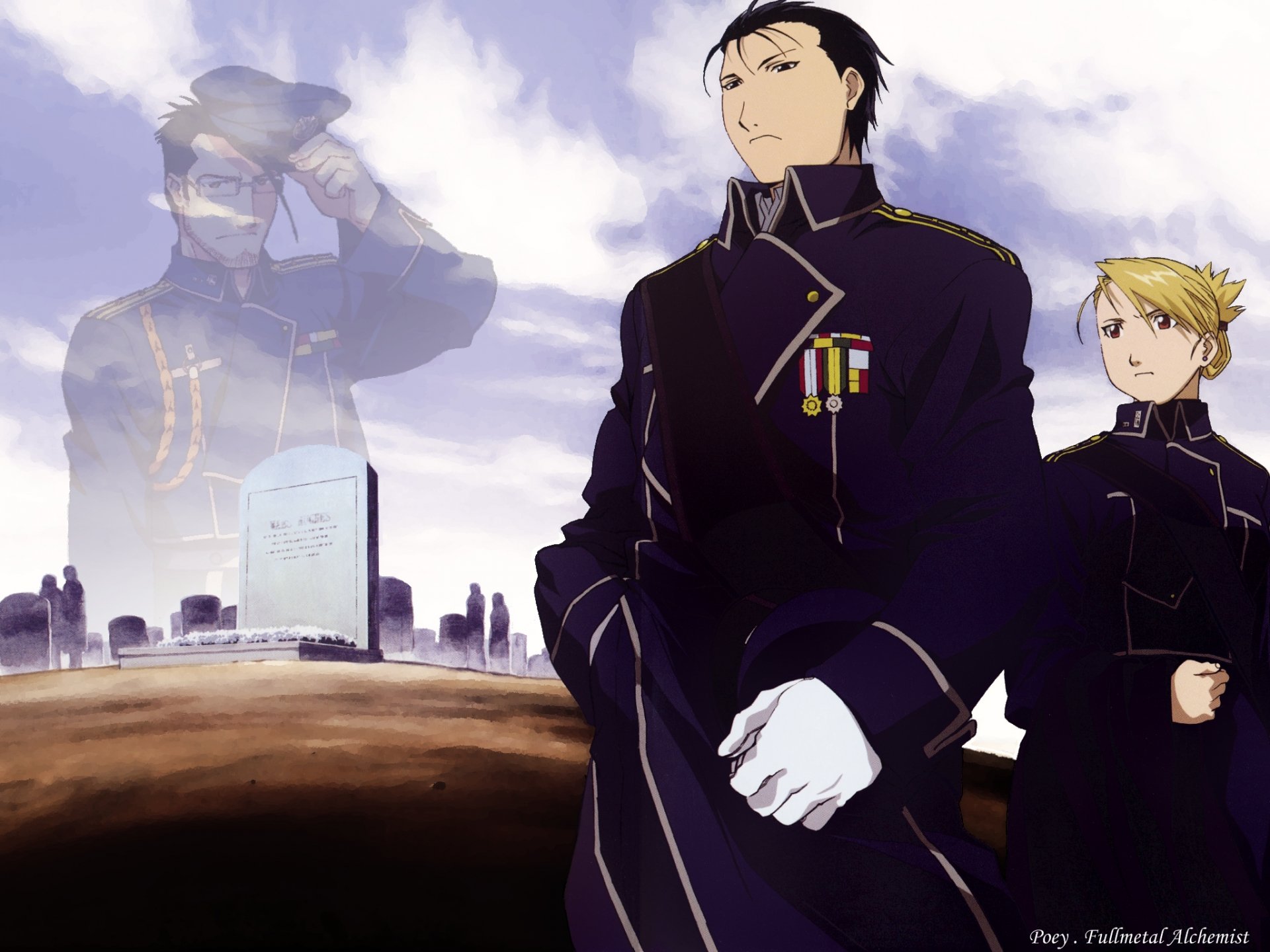 Riza Hawkeye, Maes Hughes, and Roy Mustang from Fullmetal Alchemist stand resolutely against a dramatic background, capturing the essence of their camaraderie and dedication.