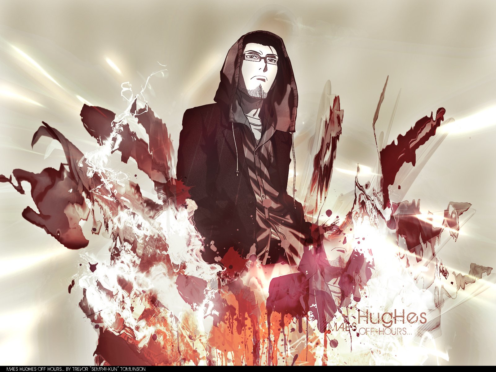 HD PC desktop wallpaper featuring Maes Hughes from the anime Fullmetal Alchemist with an abstract, fiery background design.