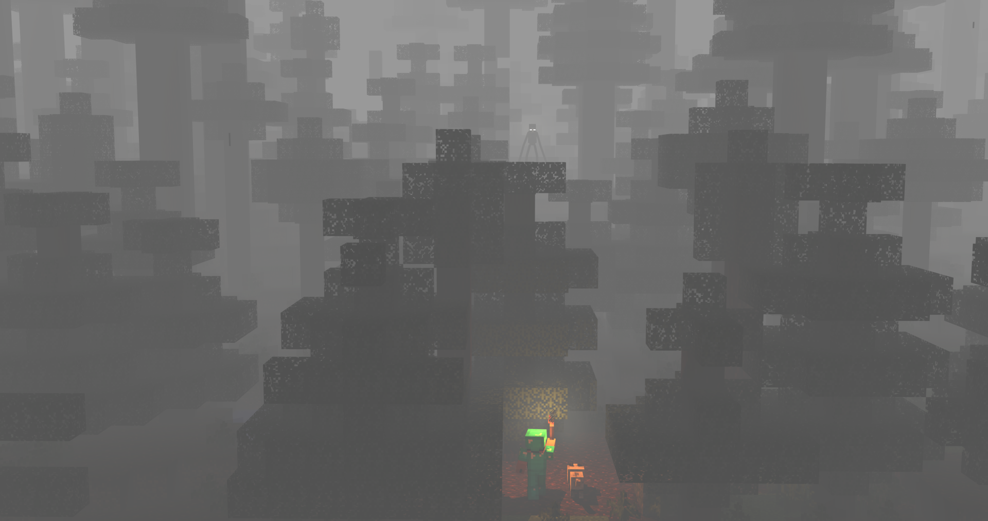 Minecraft scene at night in a dense forest, captured in 4K Ultra HD, showcasing the game's signature blocky style with glowing lights piercing the darkness.