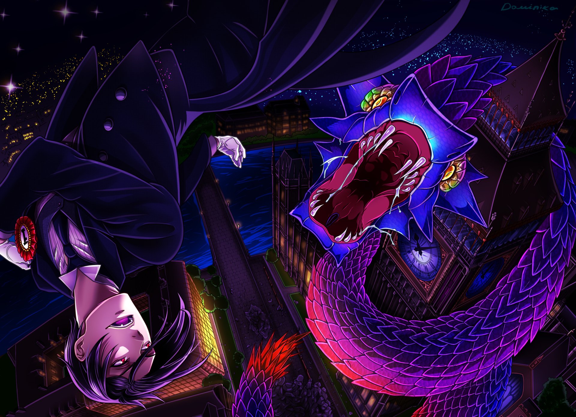HD anime desktop wallpaper featuring Sebastian Michaelis from Black Butler with a vibrant, dynamic scene including a glowing, fierce purple serpent.
