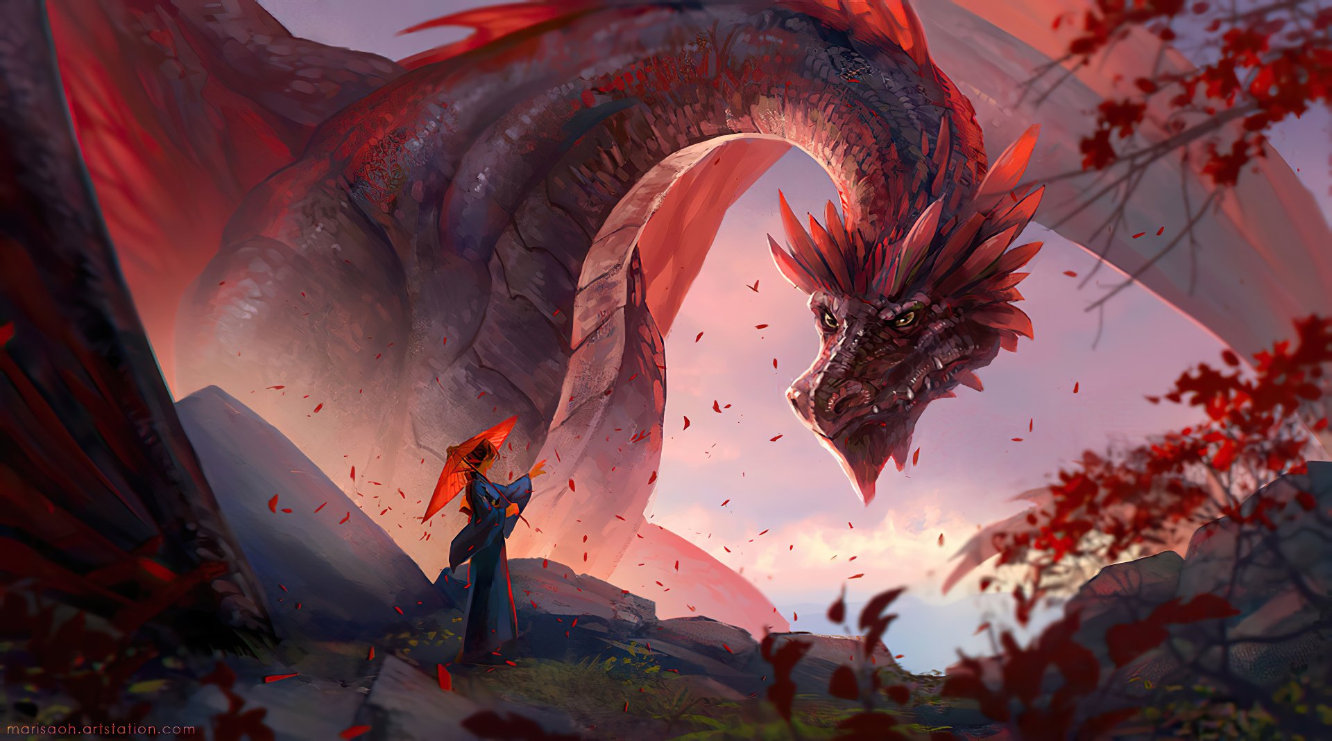 HD fantasy PC desktop wallpaper featuring a majestic dragon towering over a cloaked figure amidst a vibrant, autumnal landscape.