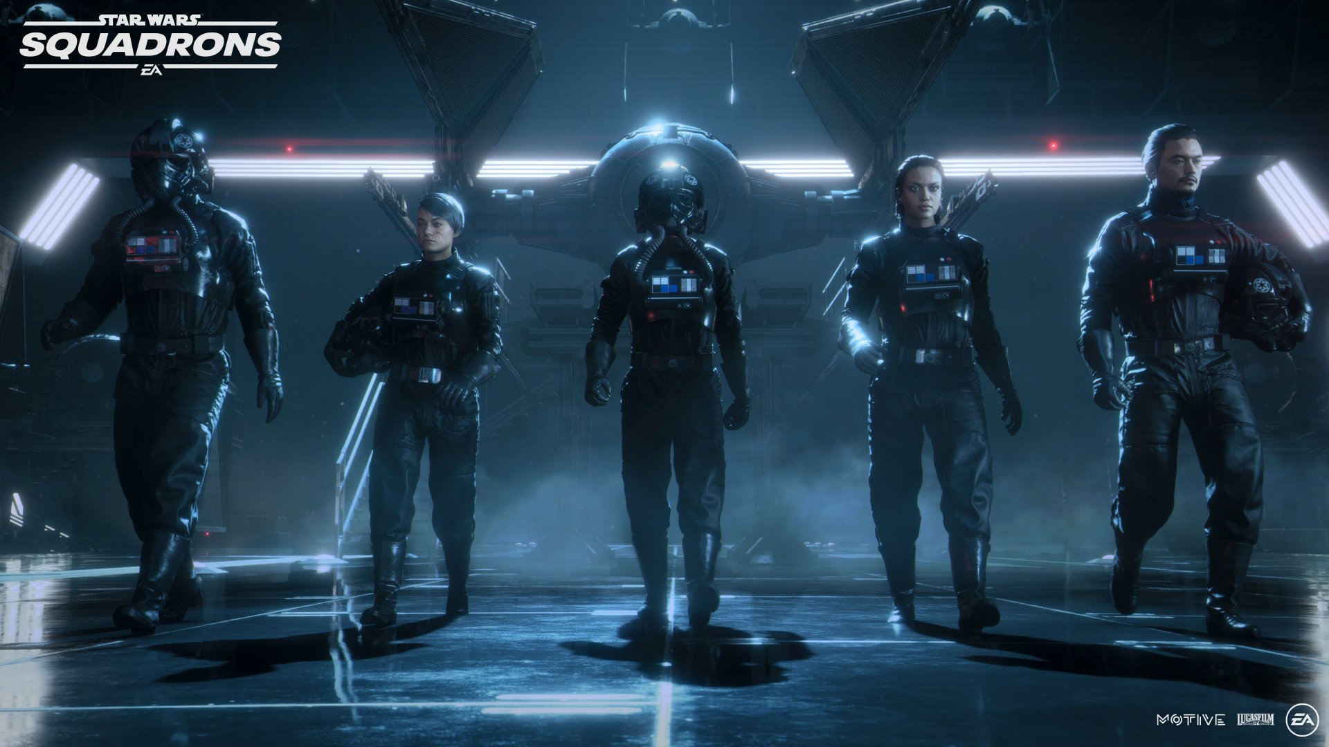 4K Ultra HD desktop wallpaper featuring Star Wars: Squadrons characters standing in a dark, futuristic hangar, highlighting the video game’s intense squadron theme.