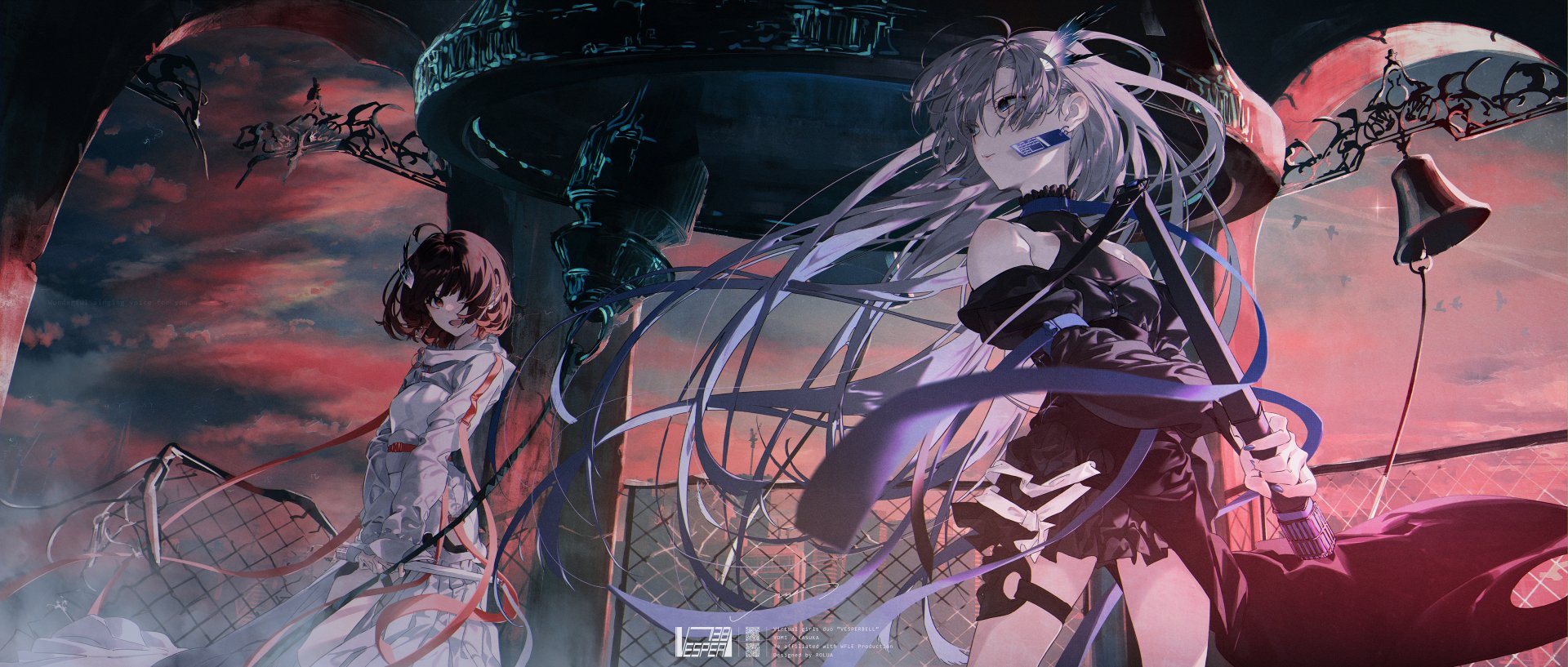 HD anime-style original artwork featuring two characters with flowing hair and intricate outfits against a dark, dramatic background, designed as a PC desktop wallpaper.