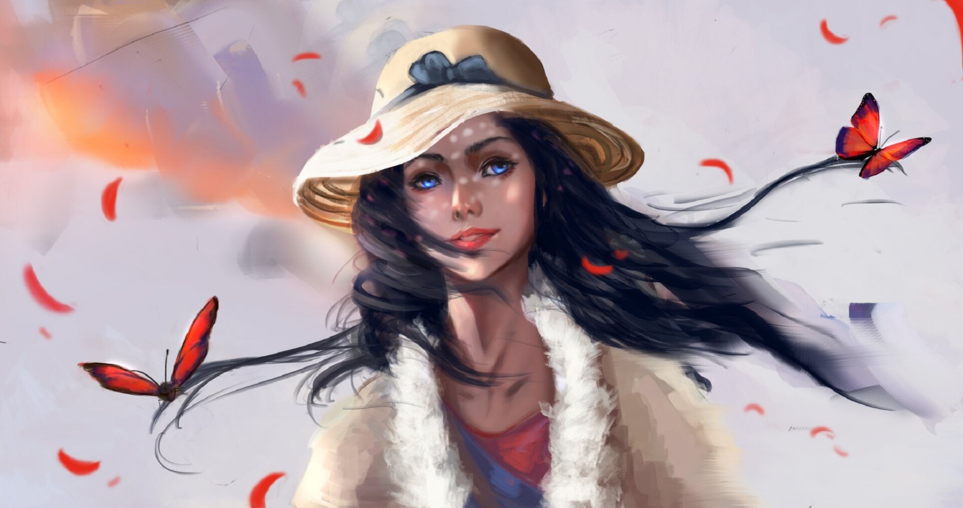 Download Butterfly Wind Coat Hat Fantasy Woman HD Wallpaper by Haris Berliansyah
