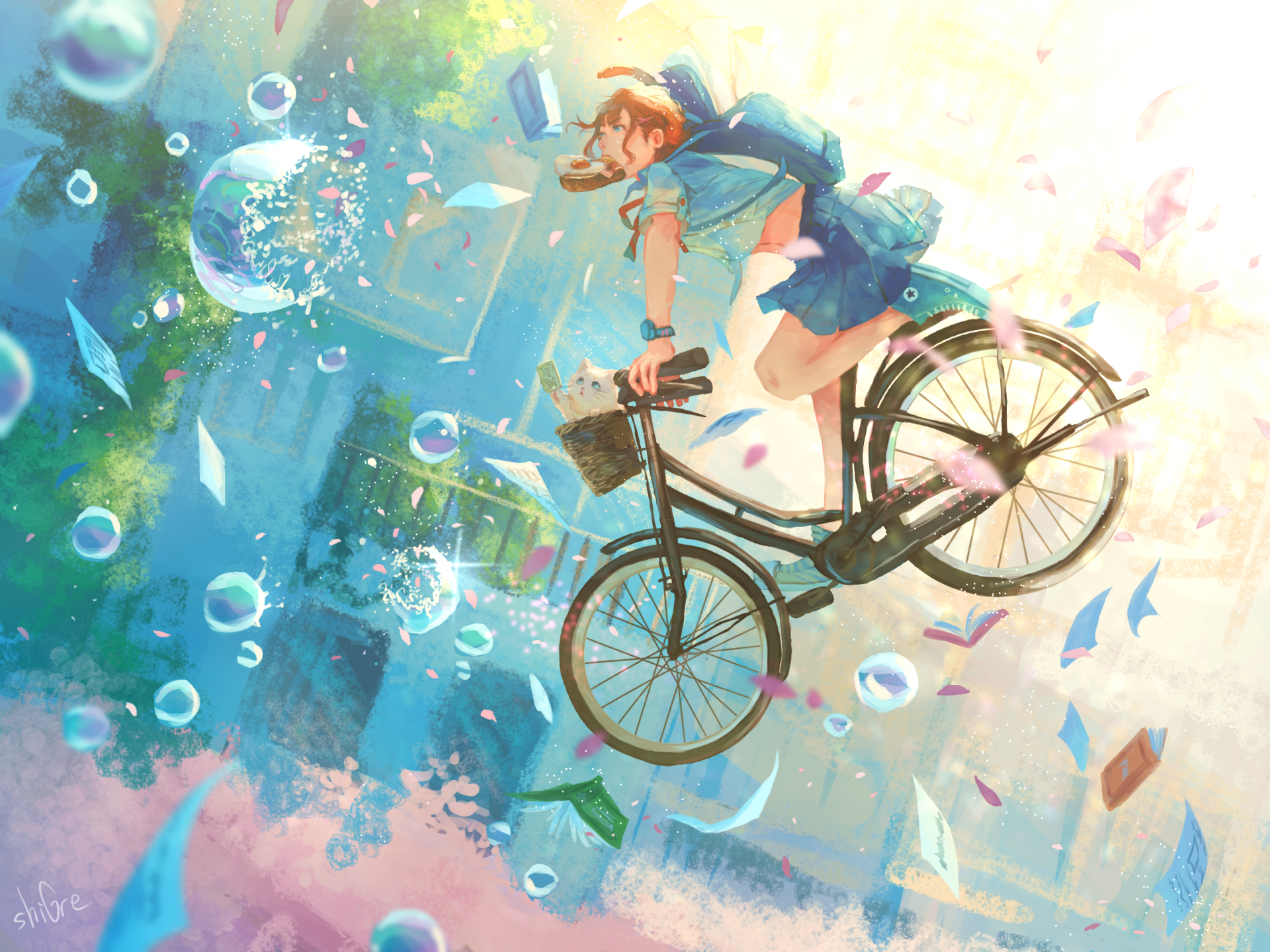 Anime girl in a uniform rides a bicycle surrounded by floating bubbles, colorful petals, and a cat, captured in a vibrant HD PC desktop wallpaper background.