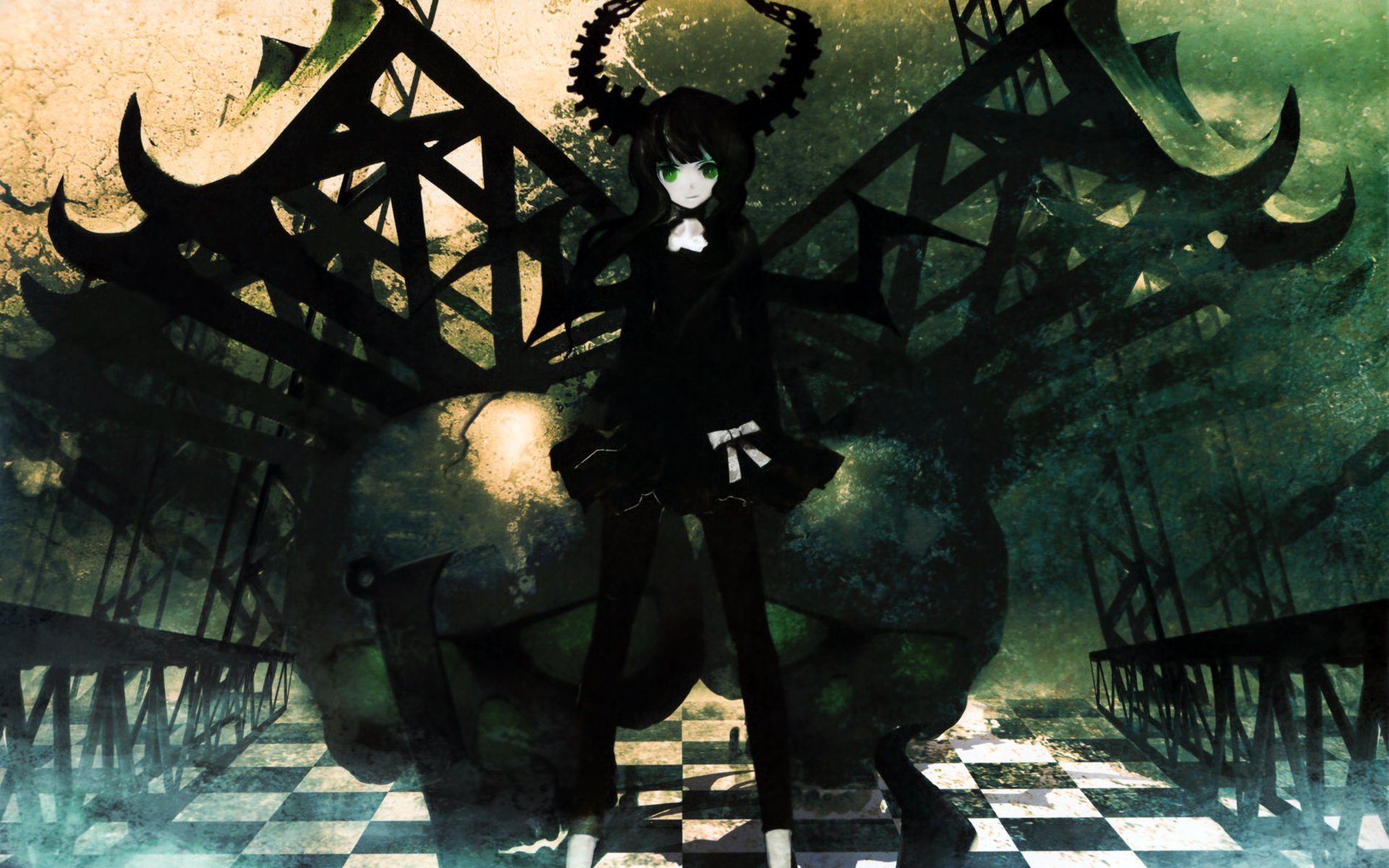 Dead Master (Black Rock Shooter) anime HD PC wallpaper: green-eyed Dead Master in black with skeletal crown and twisted wings on a checkerboard floor against a dark, green-tinged background.