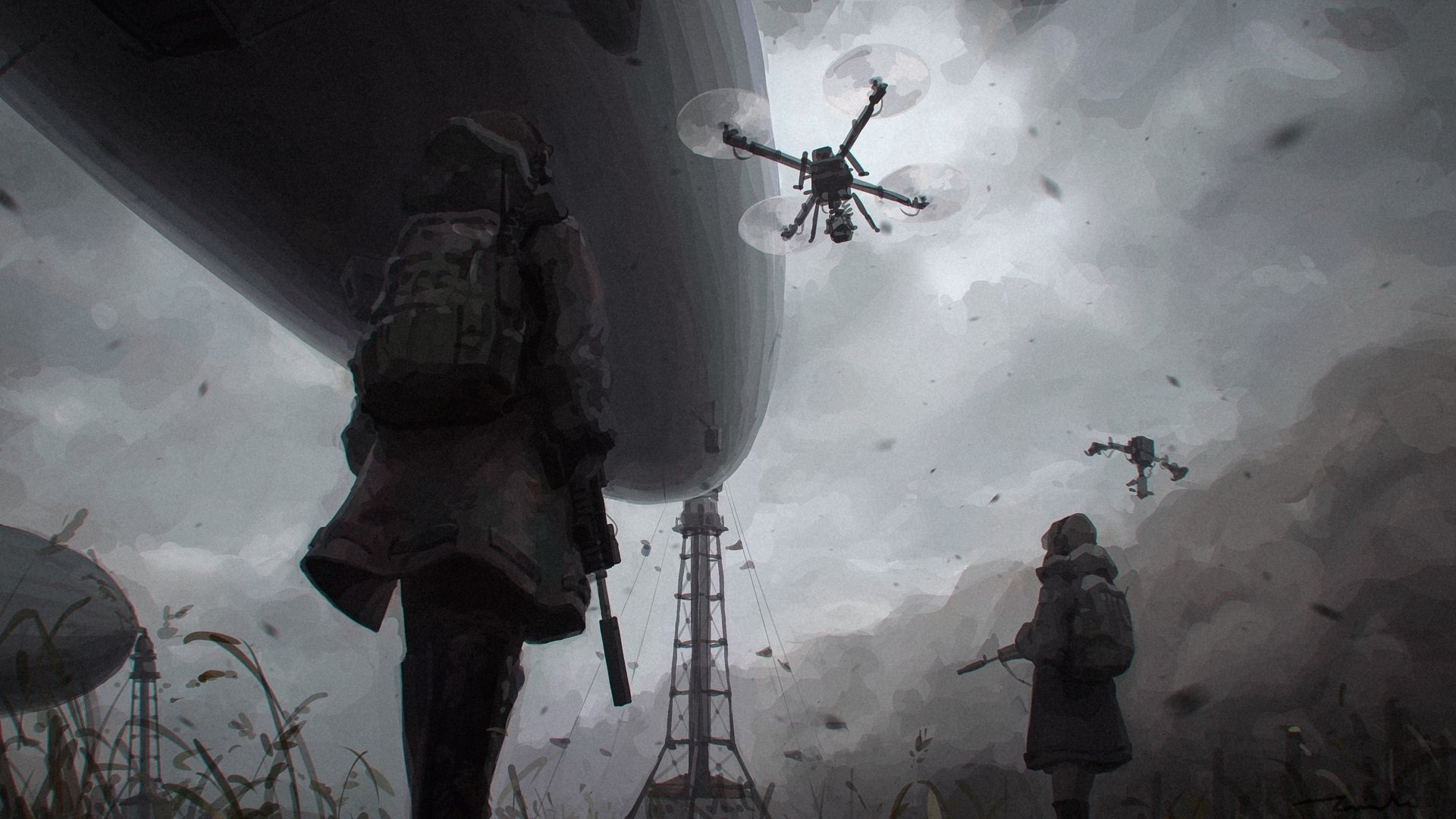 HD anime-style military scene featuring armed soldiers and surveillance drones under a dark, stormy sky, designed as a PC desktop wallpaper and background.