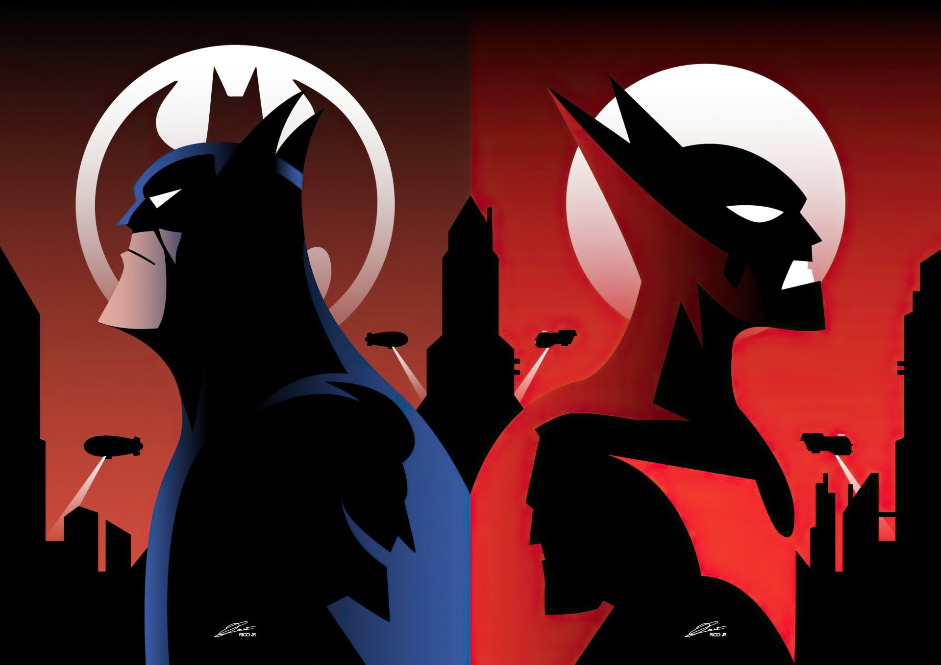 HD PC desktop wallpaper featuring stylized Batman Beyond and classic Batman silhouettes against a red and black Gotham City skyline, from DC Comics.