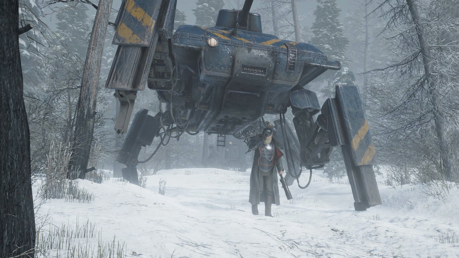 HD desktop wallpaper from Iron Harvest featuring a soldier with a mechanical walker in a snowy forest.