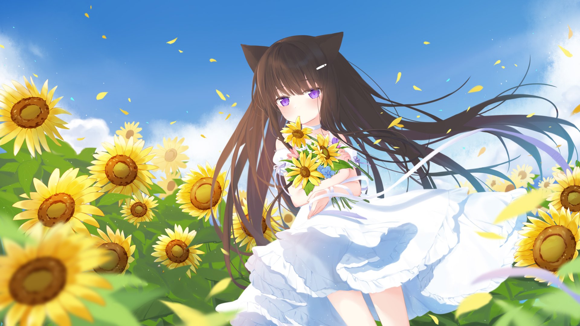 Download Animal Ears Purple Eyes Brown Hair Long Hair Sunflower Yellow Flower White Dress Anime Original 4k Ultra HD Wallpaper by fufumi