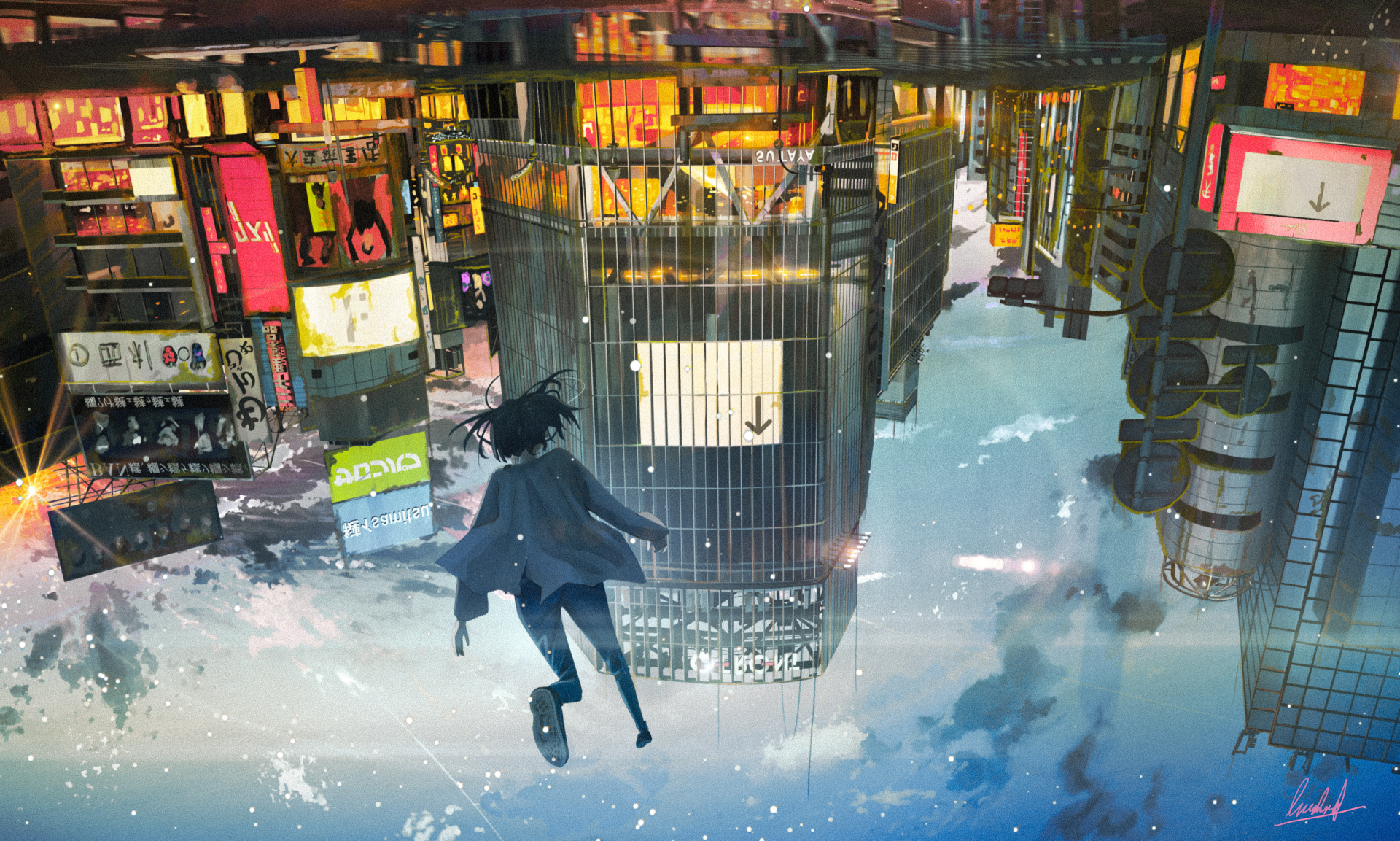 Anime-style scene of a black-haired figure floating above a city with tall buildings under a vibrant sky, rendered in 4K Ultra HD as a PC desktop wallpaper.